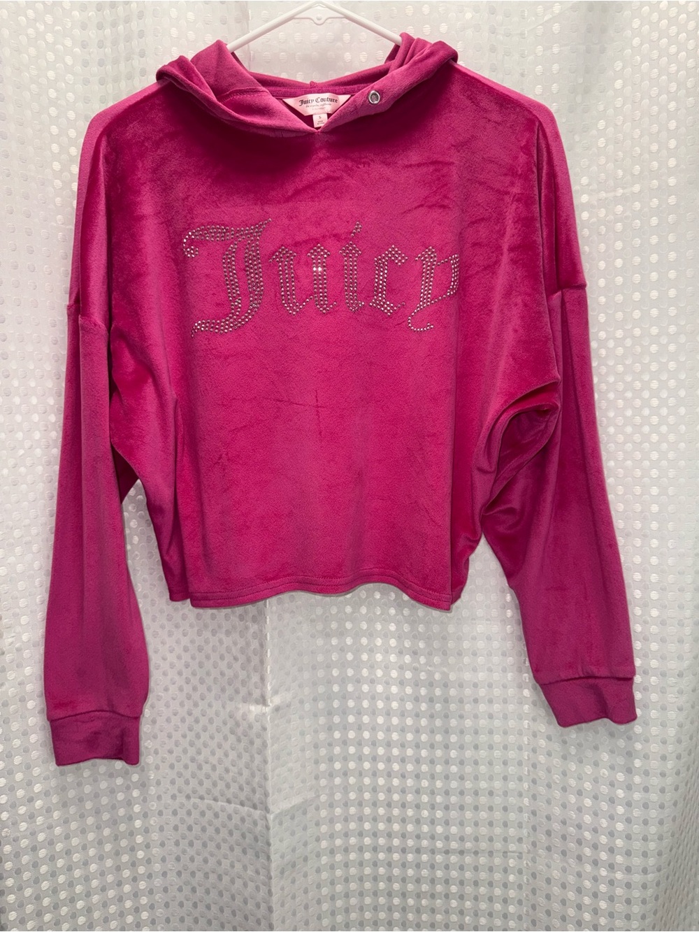 Juicy Couture Hot Pink Velour Cropped Hoodie Rhinestone Crystal Logo Size Small